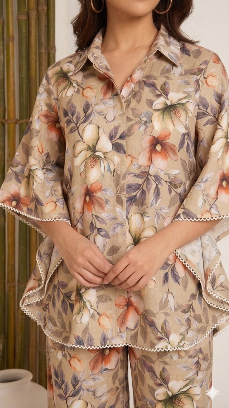 Women’s Beige Floral Print Kaftan Co-Ord Set