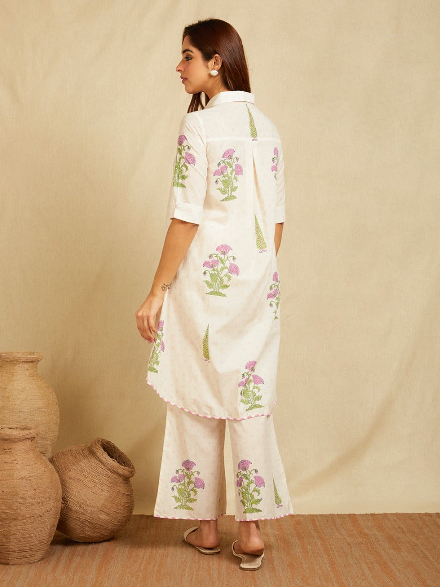 Off-White Light Pink Hand Block Printed Cotton High-Low Kaftan Co-Ord Set