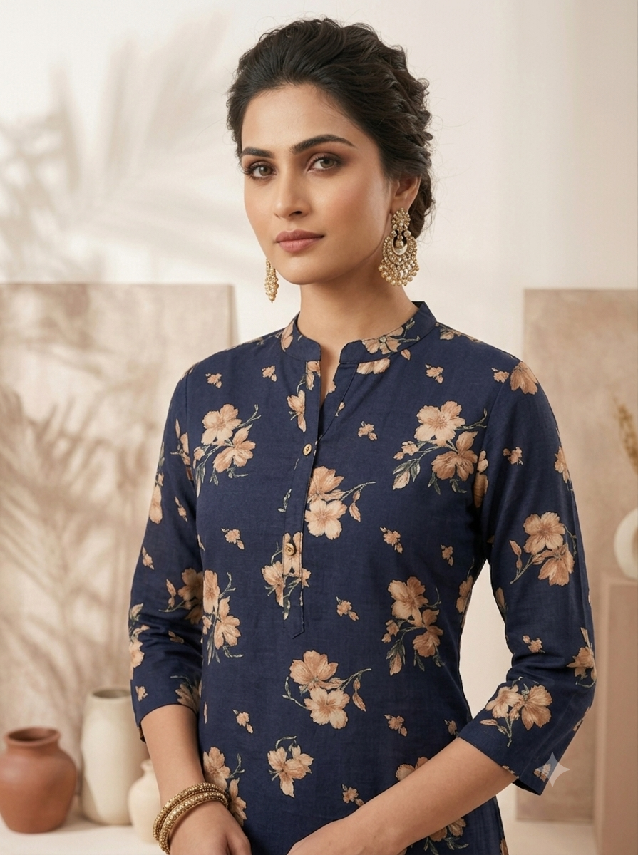 Navy Blue Floral Print Kurta Set