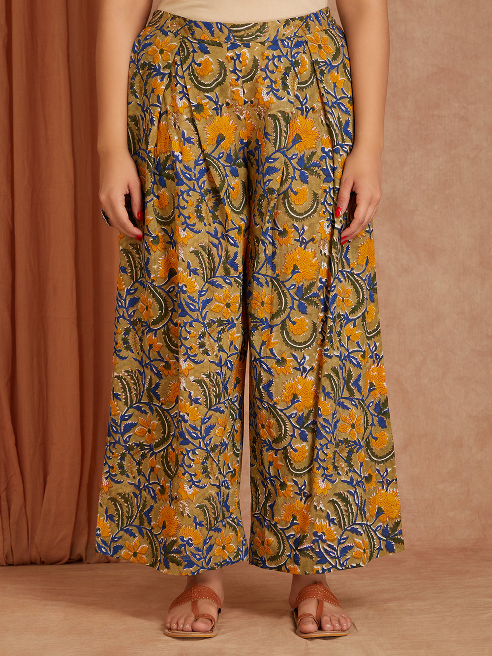 Green Cotton Short Kurta with Printed Palazzo- Set of 2