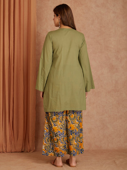 Green Cotton Short Kurta with Printed Palazzo- Set of 2
