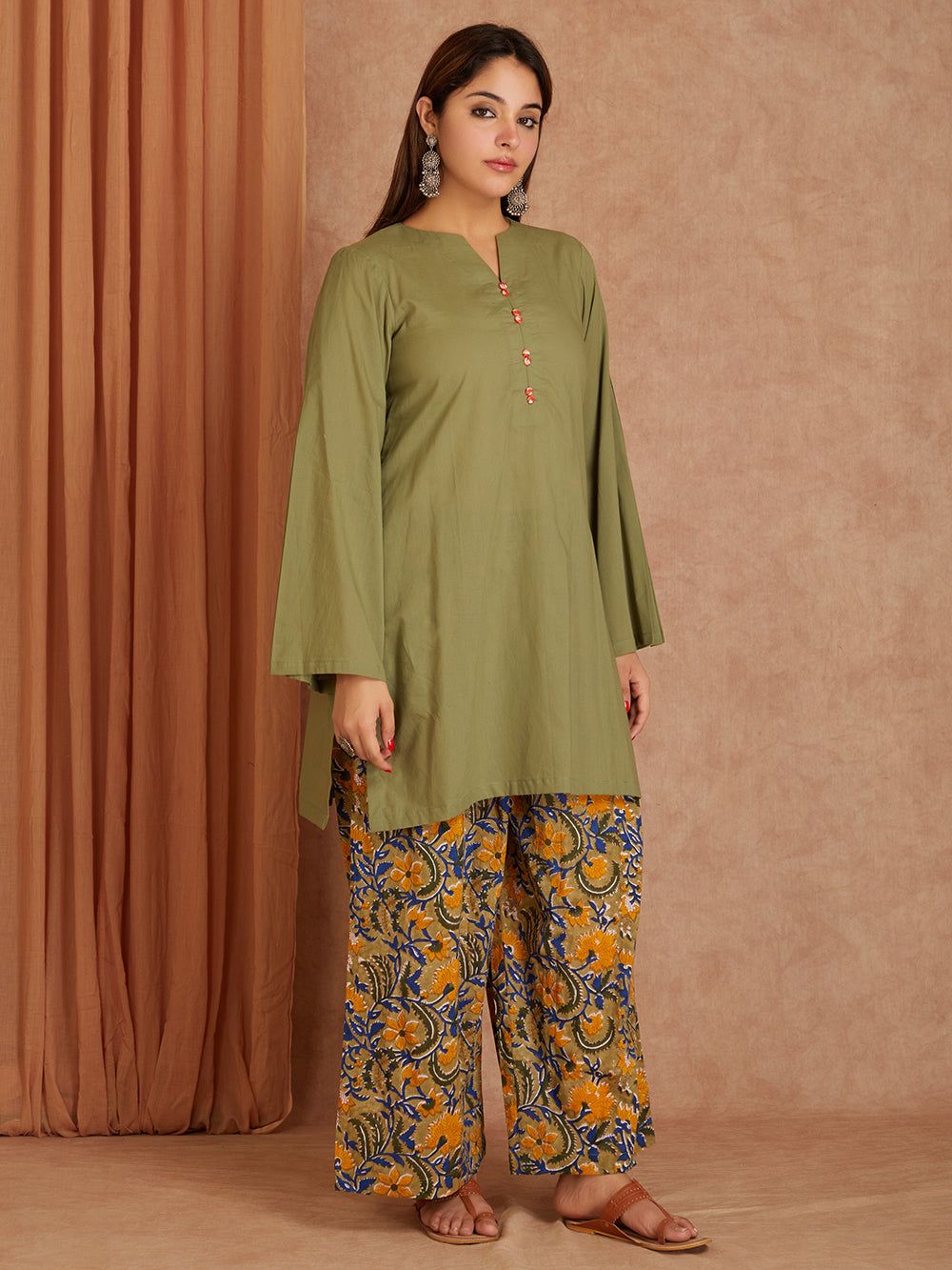 Green Cotton Short Kurta with Printed Palazzo- Set of 2