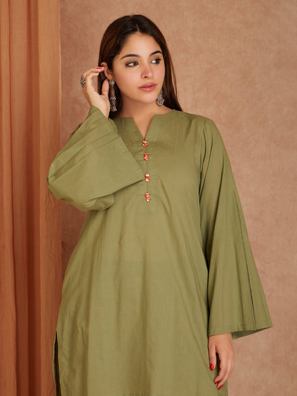 Green Cotton Short Kurta with Printed Palazzo- Set of 2