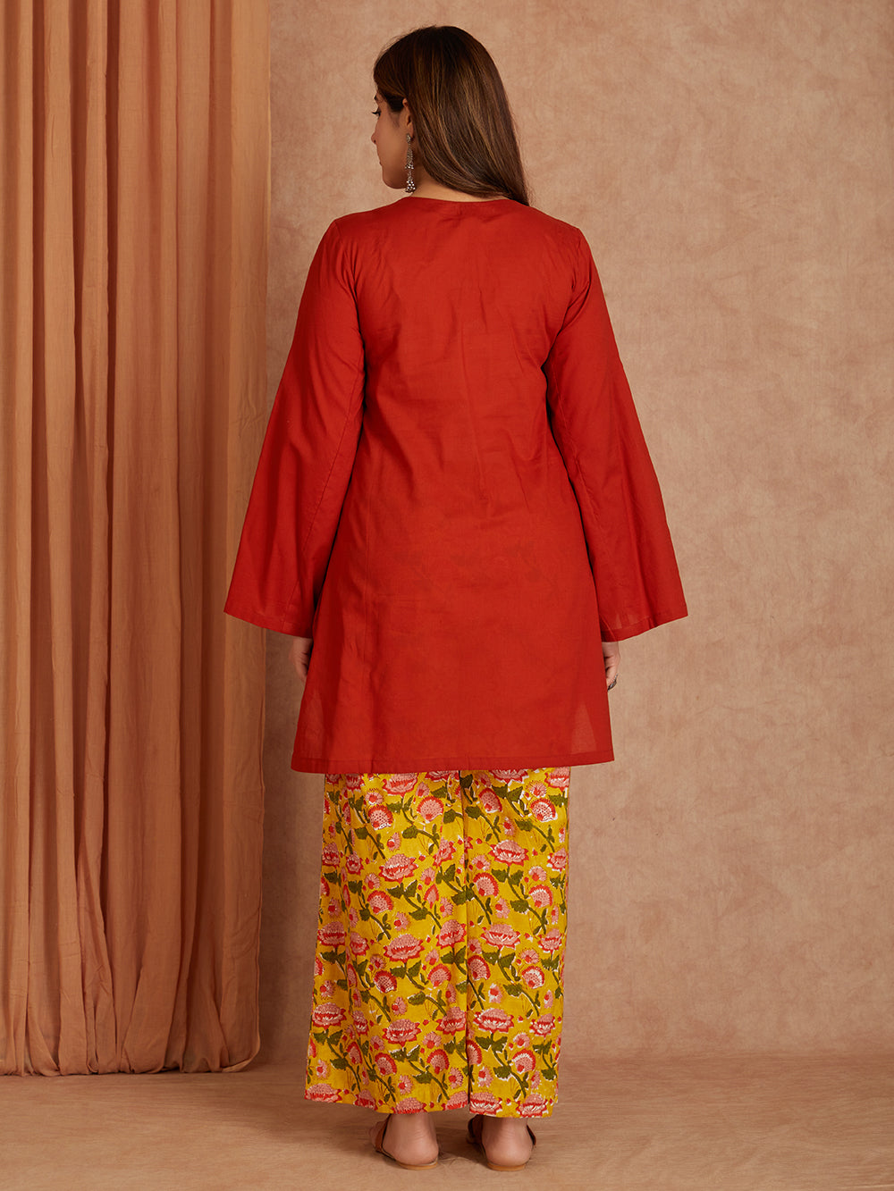 Red Cotton Short Kurta with Printed Palazzo- Set of 2