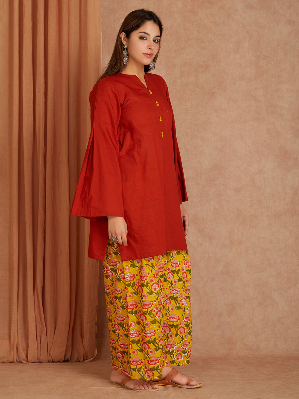 Red Cotton Short Kurta with Printed Palazzo- Set of 2