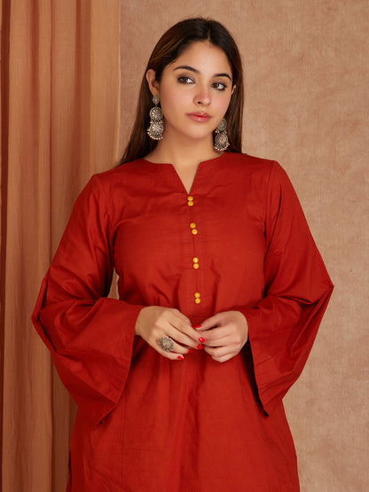 Red Cotton Short Kurta with Printed Palazzo- Set of 2