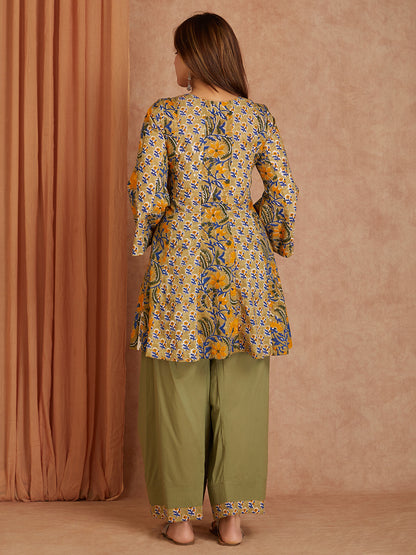 Olive Green Handblock Printed Cotton Kurta with Farsi Salwar- set of 2