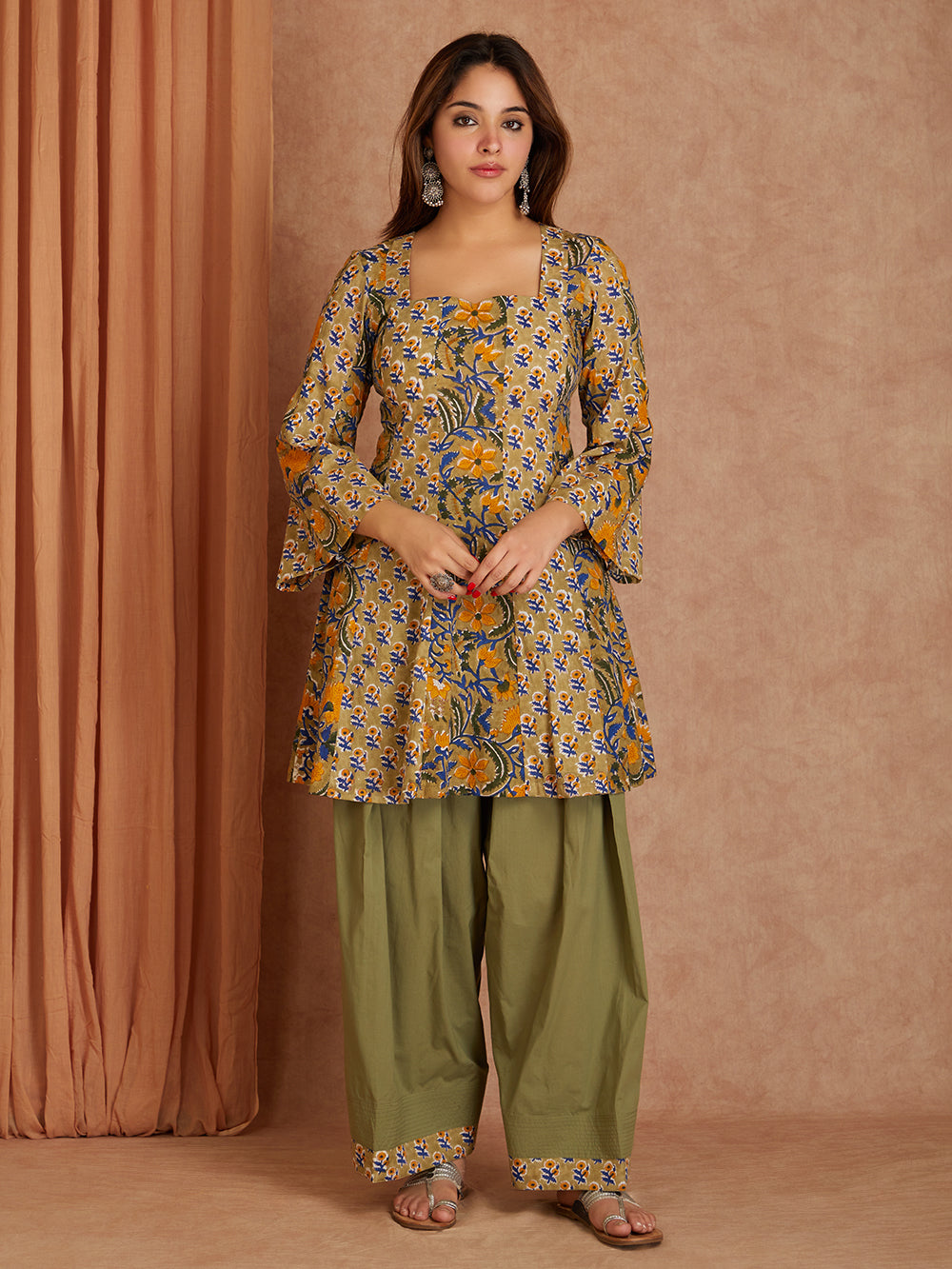 Olive Green Handblock Printed Cotton Kurta with Farsi Salwar- set of 2