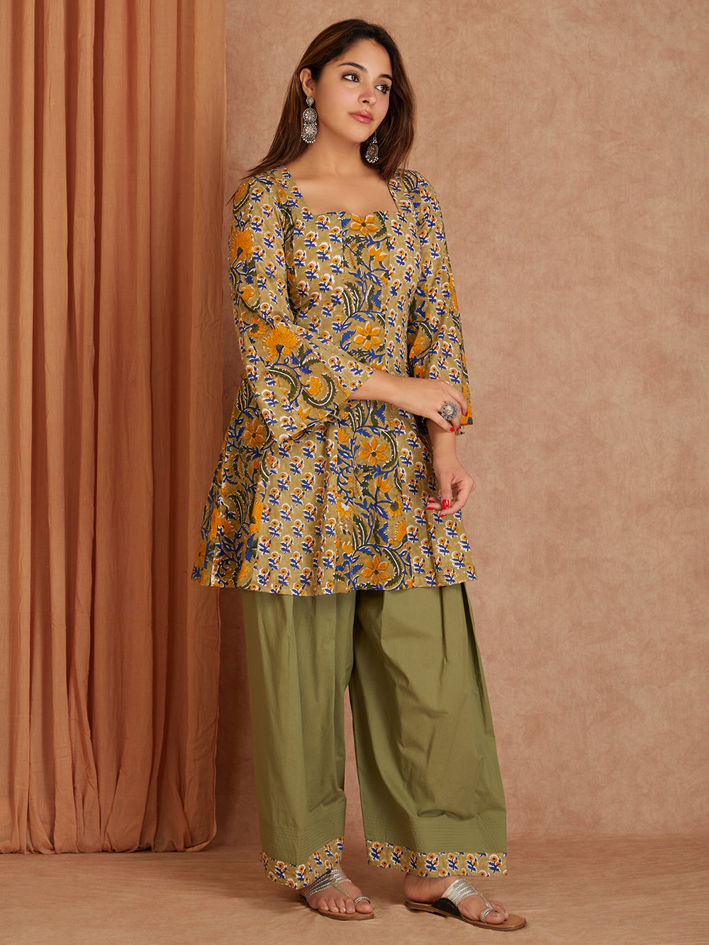 Olive Green Handblock Printed Cotton Kurta with Farsi Salwar- set of 2