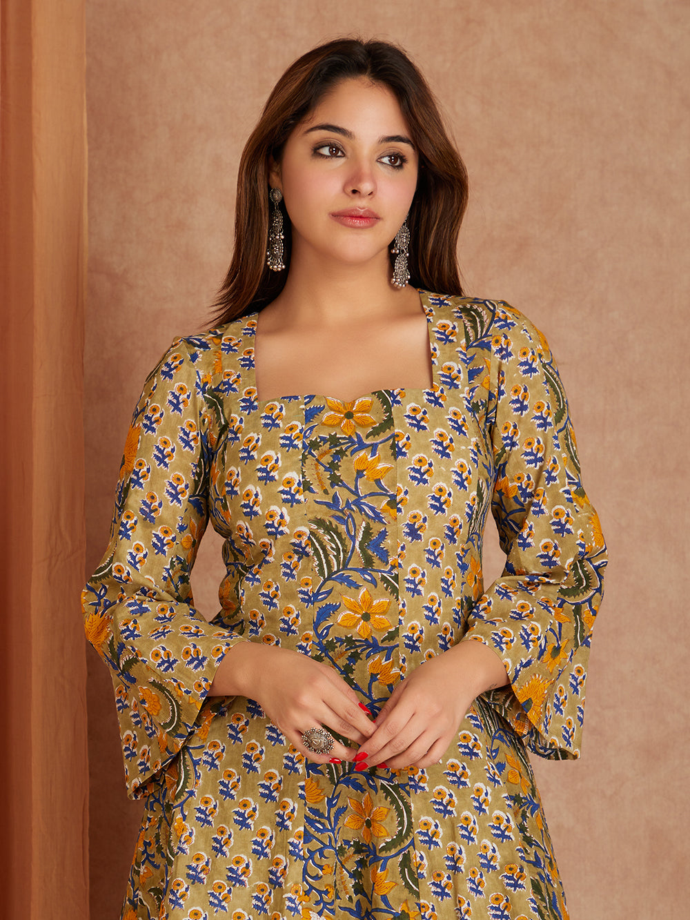 Olive Green Handblock Printed Cotton Kurta with Farsi Salwar- set of 2