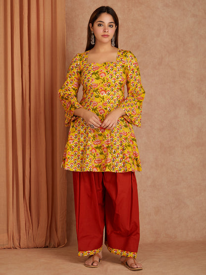 Yellow & Brown Cotton Short Gathered Kurta with Salwar- Set of 2