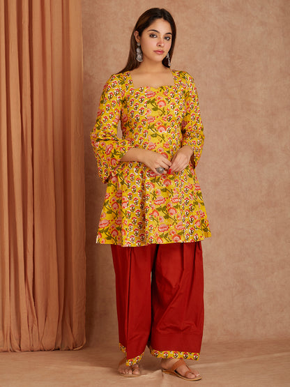 Yellow & Brown Cotton Short Gathered Kurta with Salwar- Set of 2