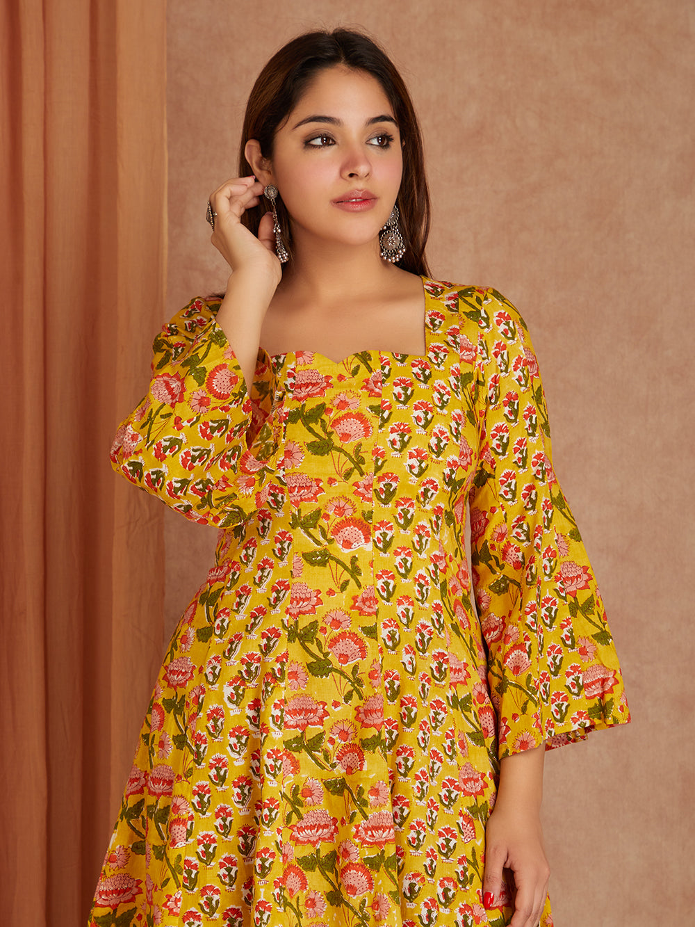 Yellow & Brown Cotton Short Gathered Kurta with Salwar- Set of 2