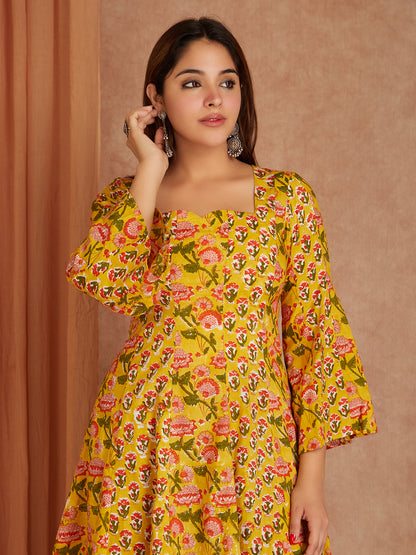 Yellow & Brown Cotton Short Gathered Kurta with Salwar- Set of 2