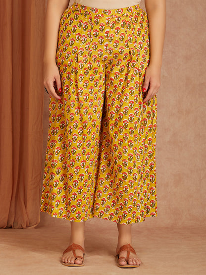 Yellow Cotton Kurta with Printed Palazzo- set of 2