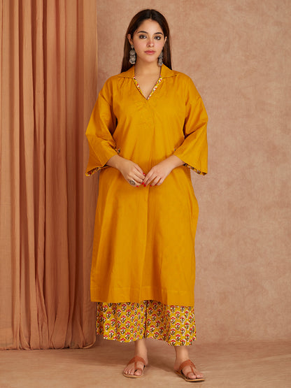 Yellow Cotton Kurta with Printed Palazzo- set of 2
