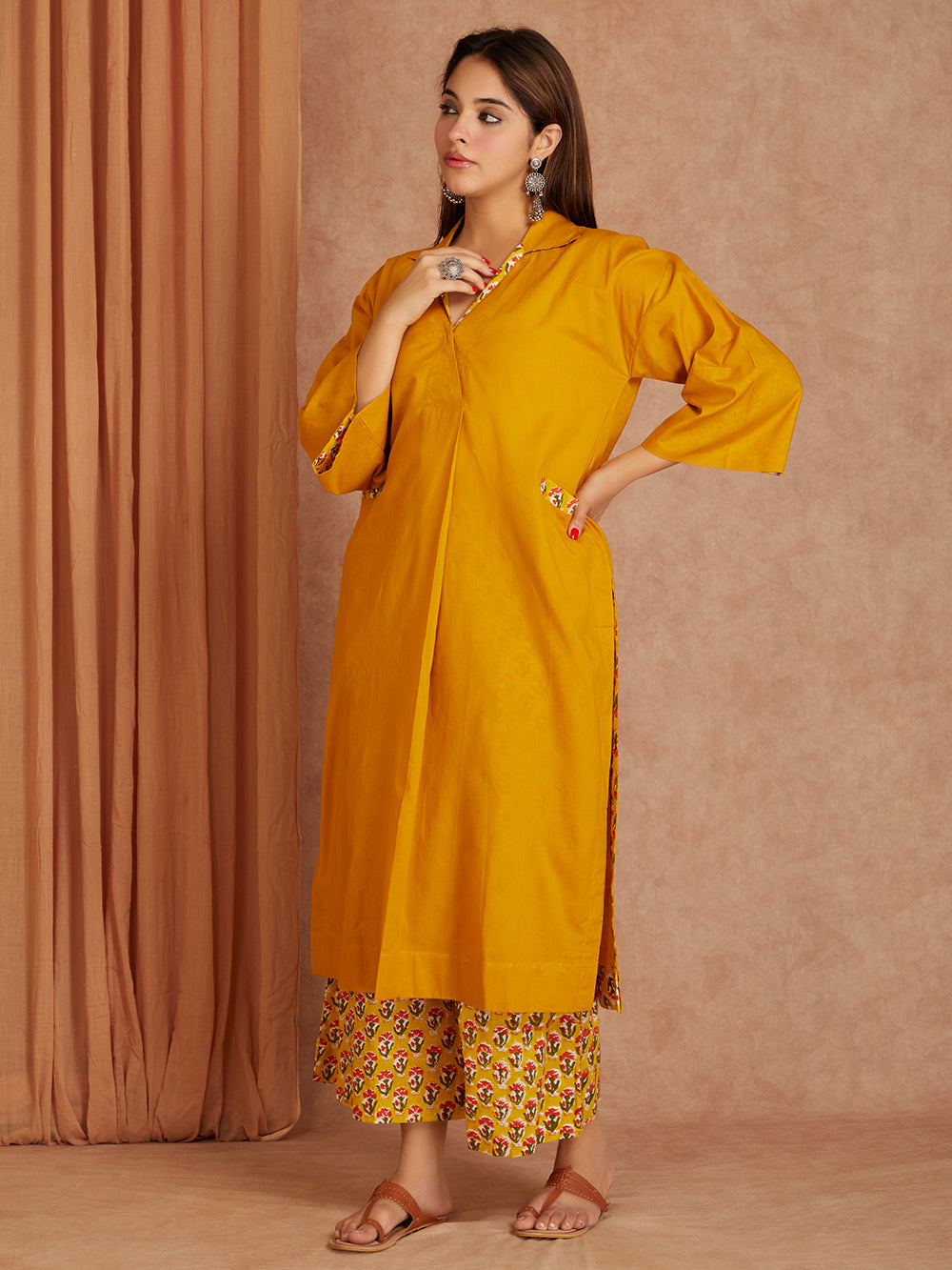 Yellow Cotton Kurta with Printed Palazzo- set of 2