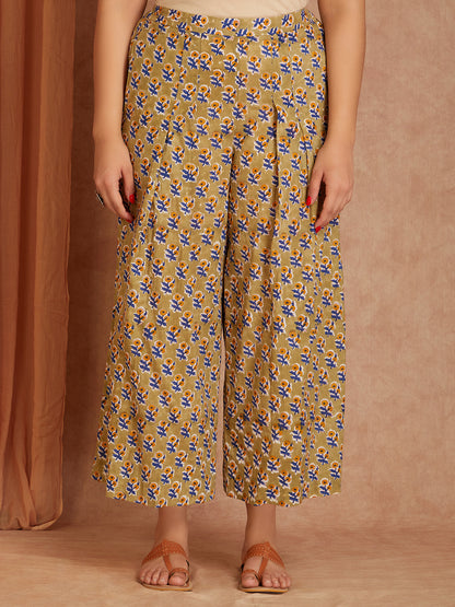 Olive Green Cotton Kurta with Printed Palazzo- set of 2