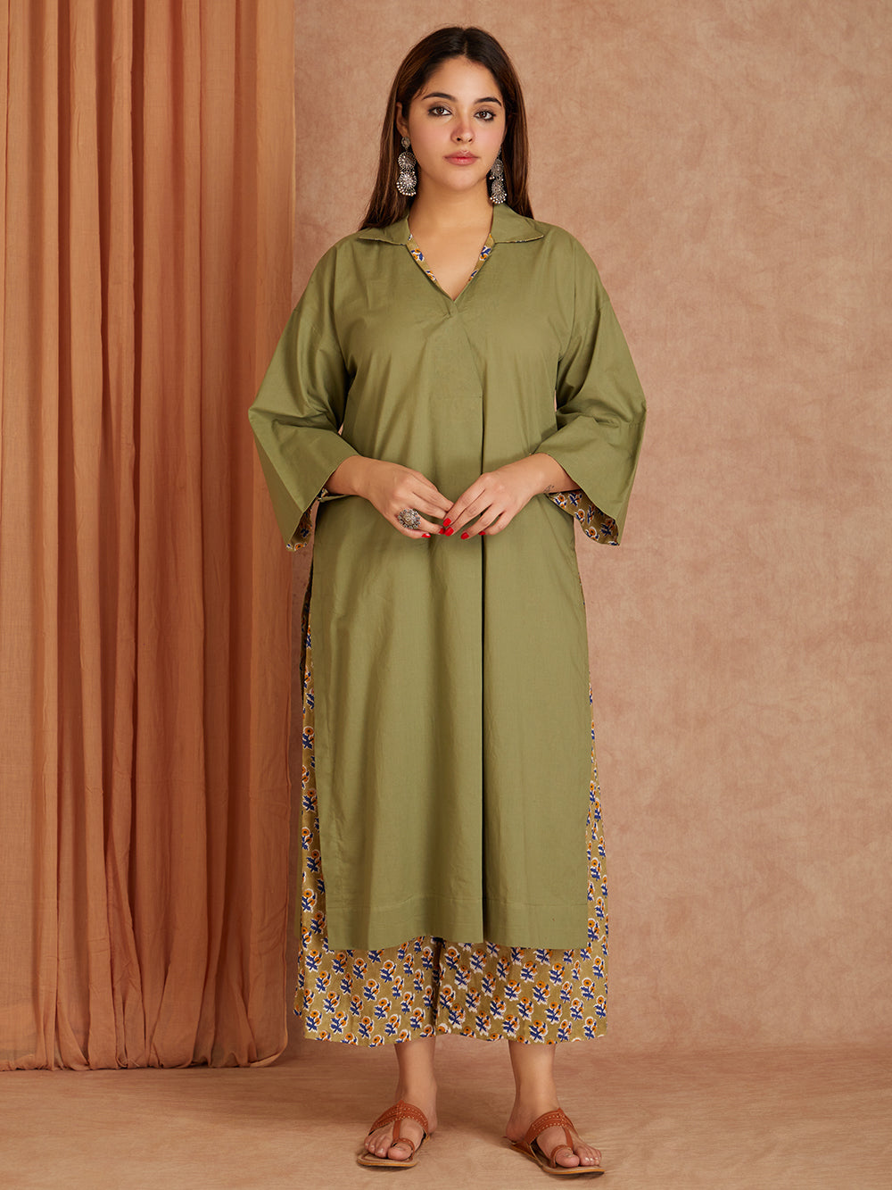Olive Green Cotton Kurta with Printed Palazzo- set of 2