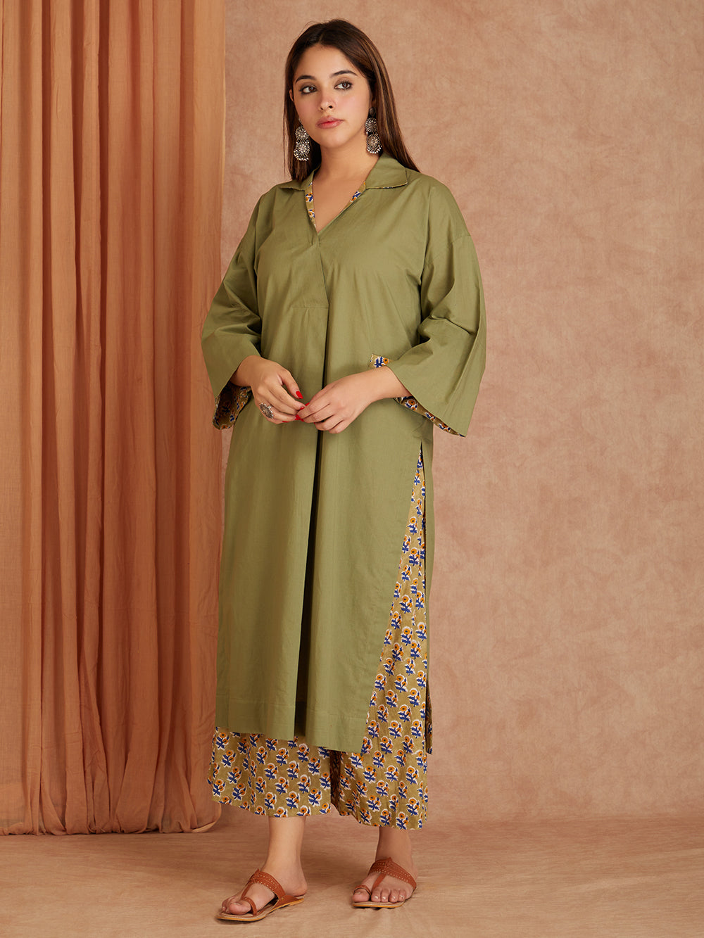 Olive Green Cotton Kurta with Printed Palazzo- set of 2