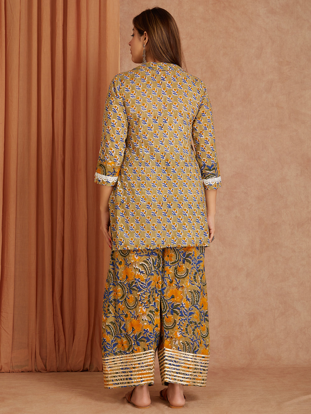 Green Hand Block Printed Cotton Kurta with Farsi Salwar - Pack of 2