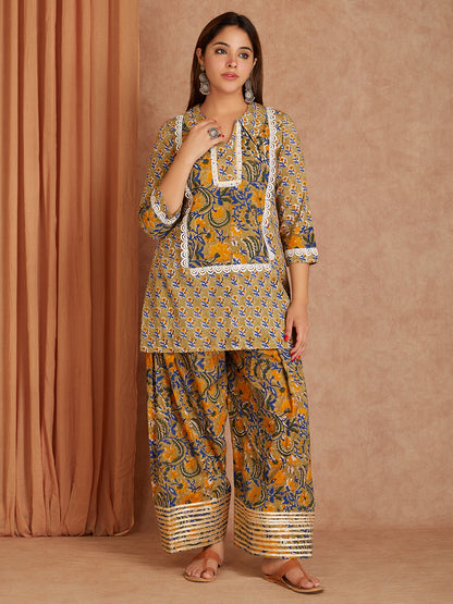 Green Hand Block Printed Cotton Kurta with Farsi Salwar - Pack of 2