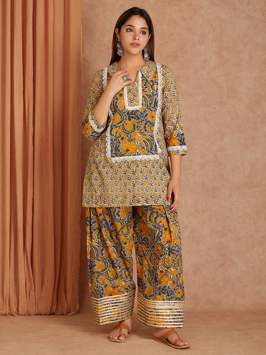 Green Hand Block Printed Cotton Kurta with Farsi Salwar - Pack of 2