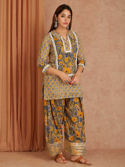 Green Hand Block Printed Cotton Kurta with Farsi Salwar - Pack of 2
