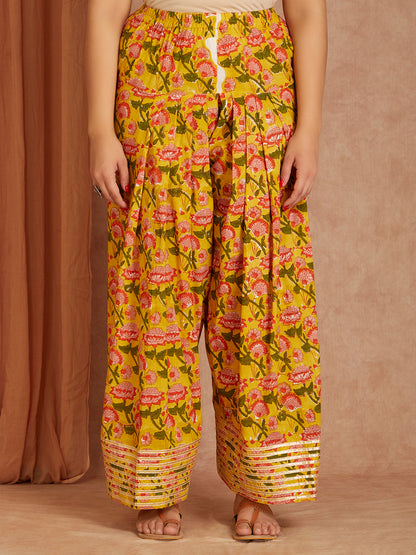 Mustard Block Printed Cotton Kurta with Farsi Salwar - Pack of 2