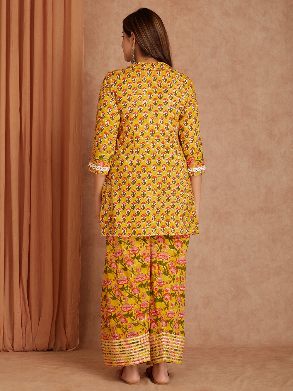 Mustard Block Printed Cotton Kurta with Farsi Salwar - Pack of 2