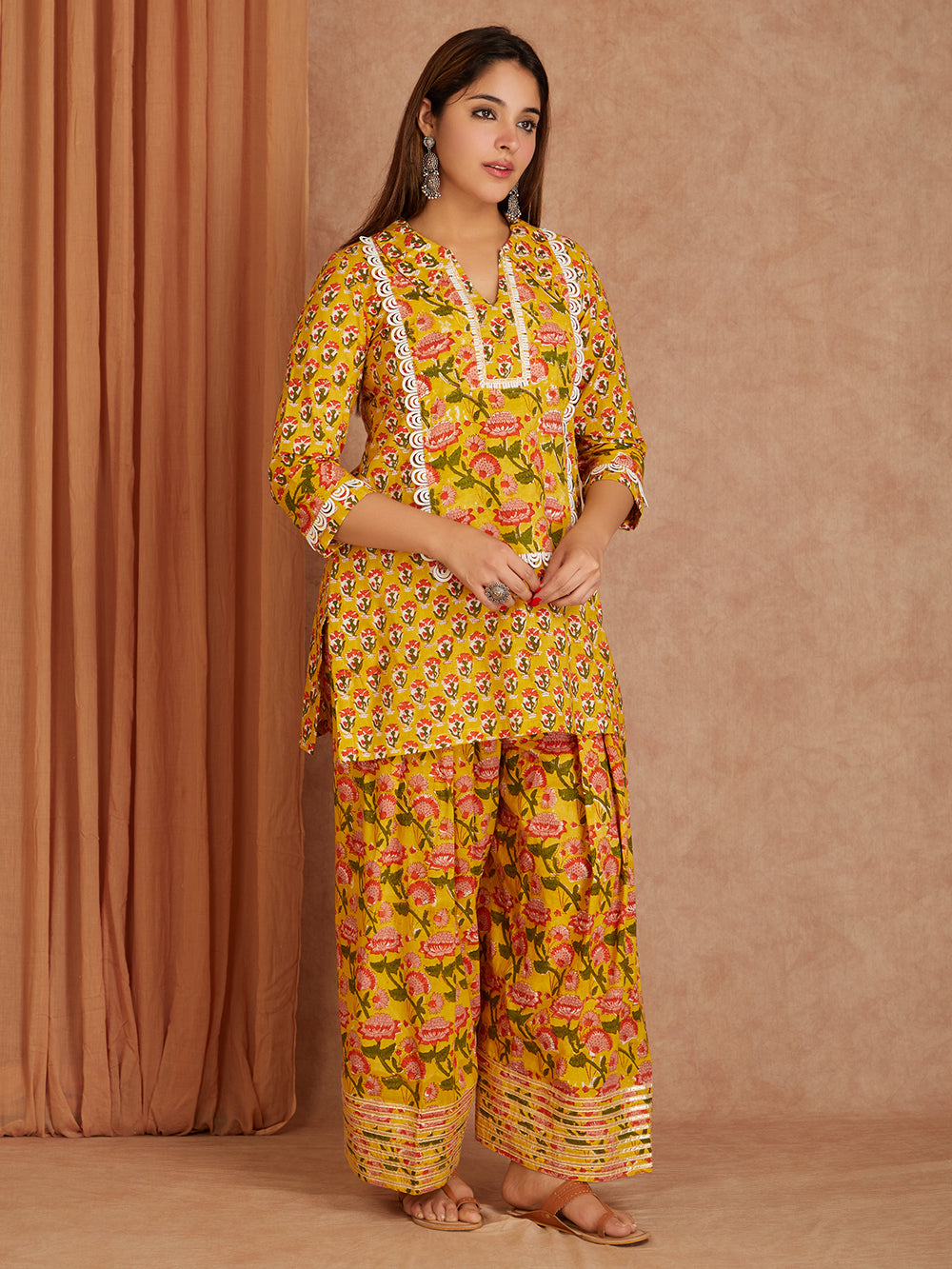 Mustard Block Printed Cotton Kurta with Farsi Salwar - Pack of 2