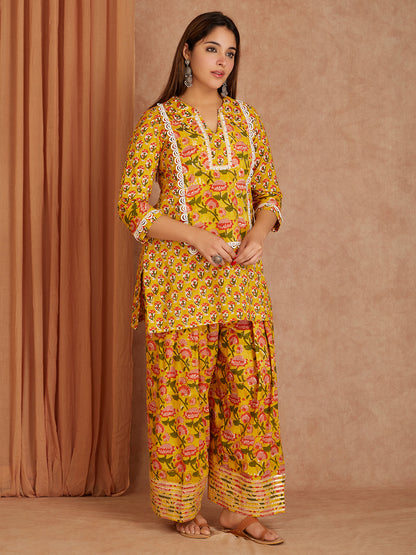 Mustard Block Printed Cotton Kurta with Farsi Salwar - Pack of 2