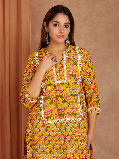 Mustard Block Printed Cotton Kurta with Farsi Salwar - Pack of 2