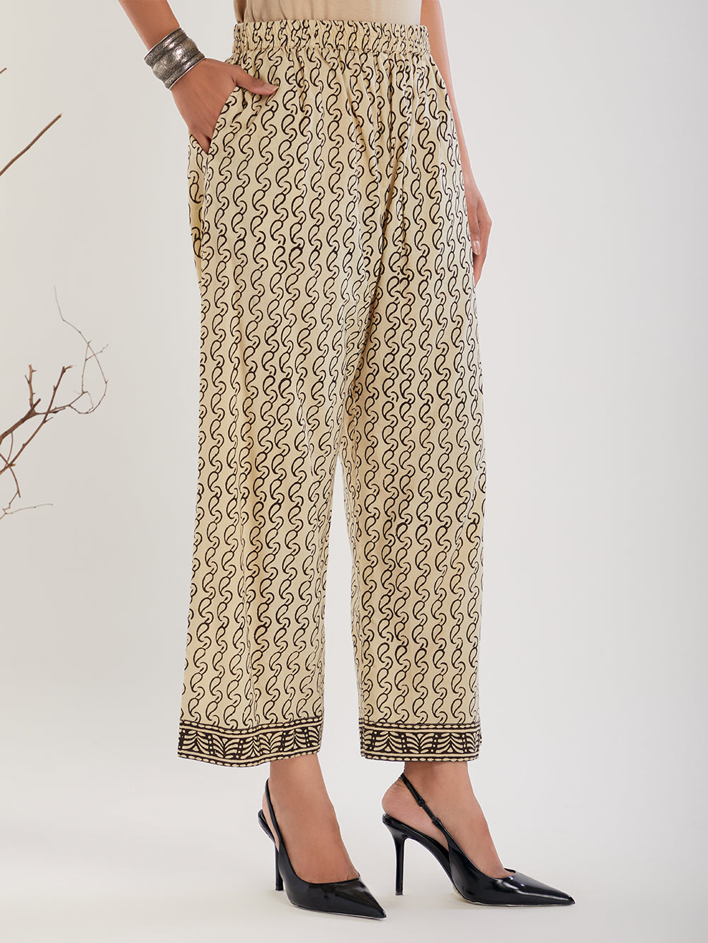 Beige & Black Hand Block Print Cotton Pants