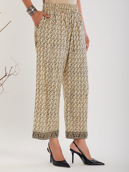 Beige & Black Hand Block Print Cotton Pants
