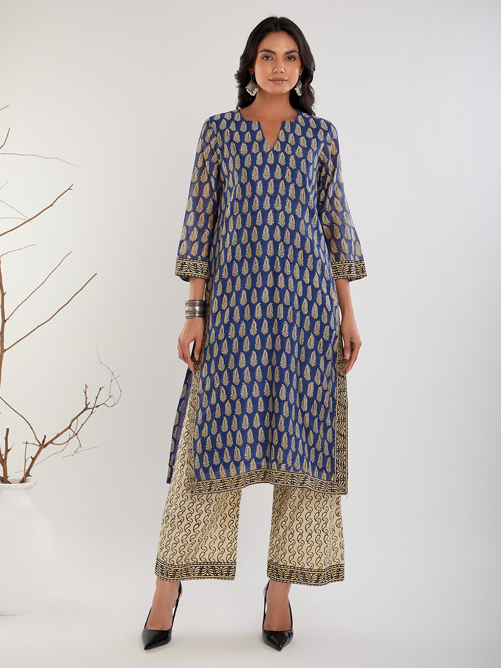 Beige & Black Hand Block Print Cotton Pants