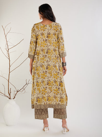 Yellow & Brown Cotton Hand Block Print Suit Set- Set of 3