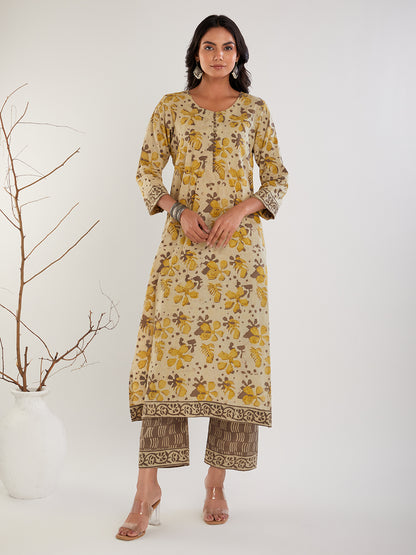 Beige & Off white Hand Block Print Cotton Pants