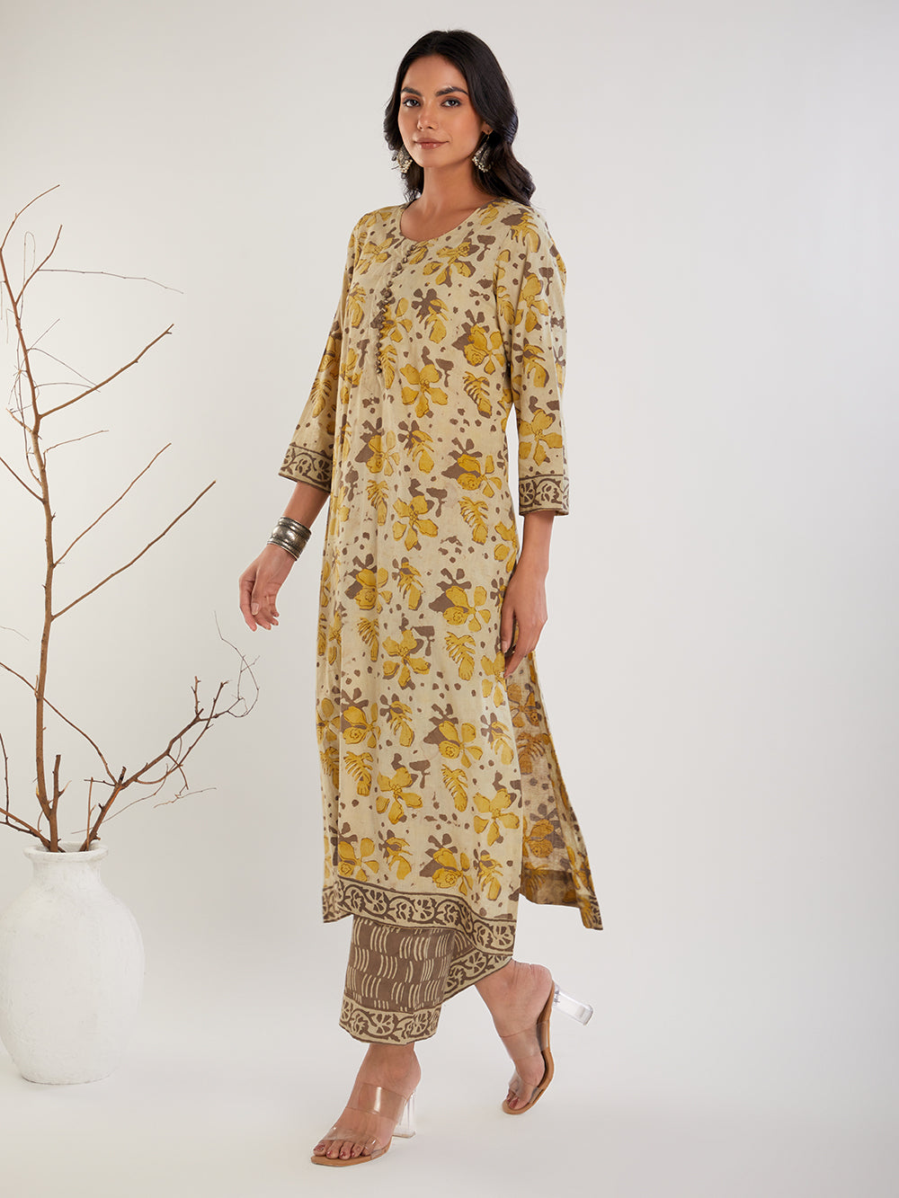 Yellow & Brown Cotton Hand Block Print Suit Set- Set of 3
