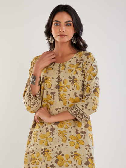 Yellow & Brown Cotton Hand Block Print Suit Set- Set of 3