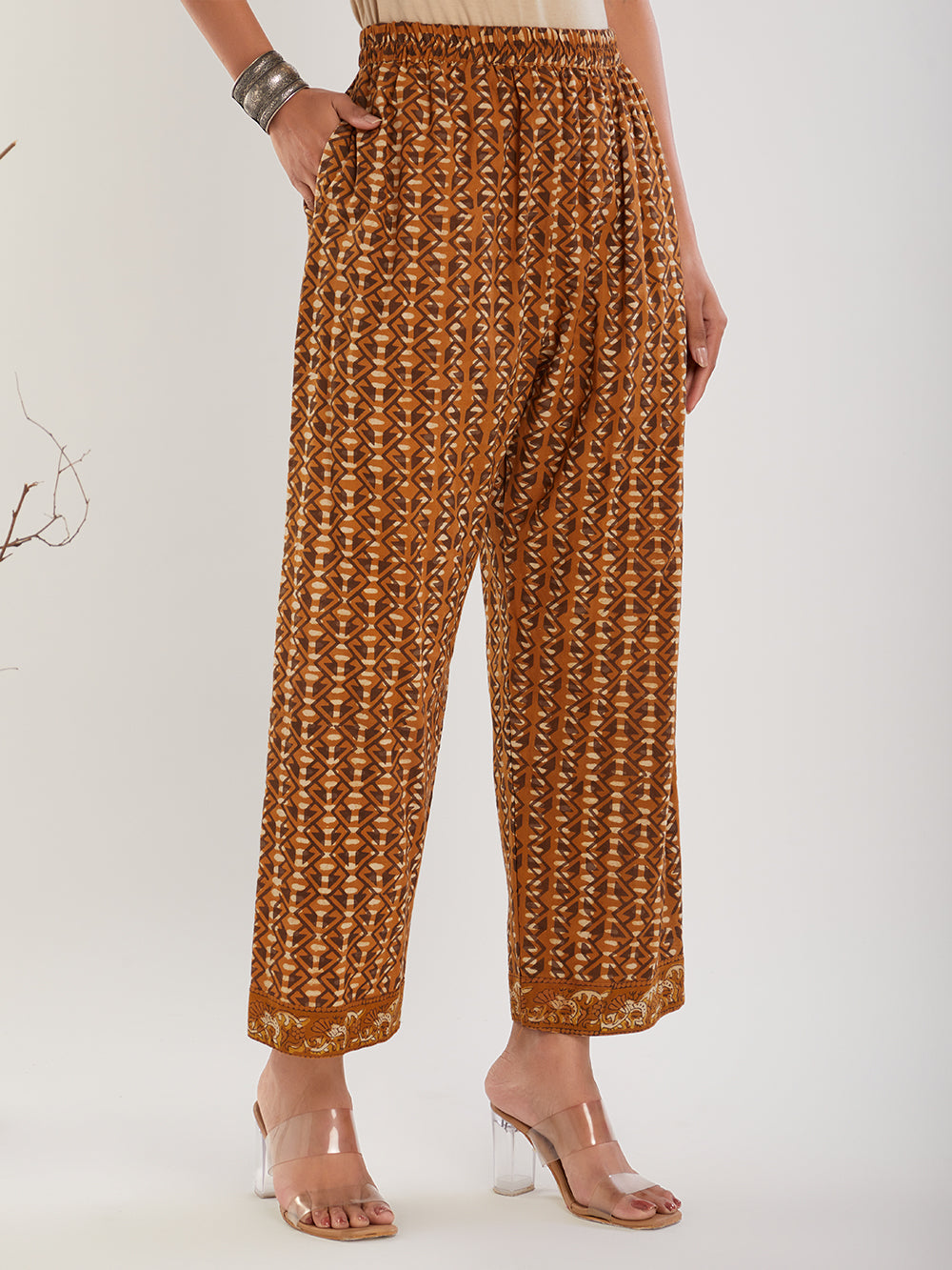 Brown & Black Regular fit hand block print cotton pant