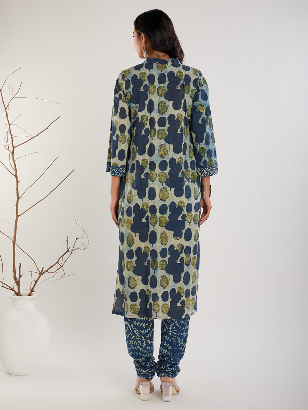 Blue & Green Vanaspati Hand Block Print Suit- Set of 3