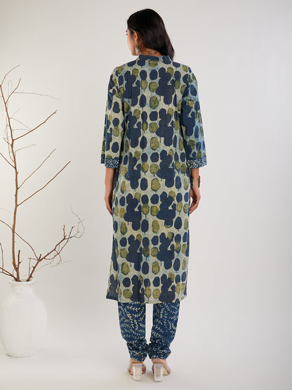 Blue & Green Vanaspati Hand Block Print Suit- Set of 3