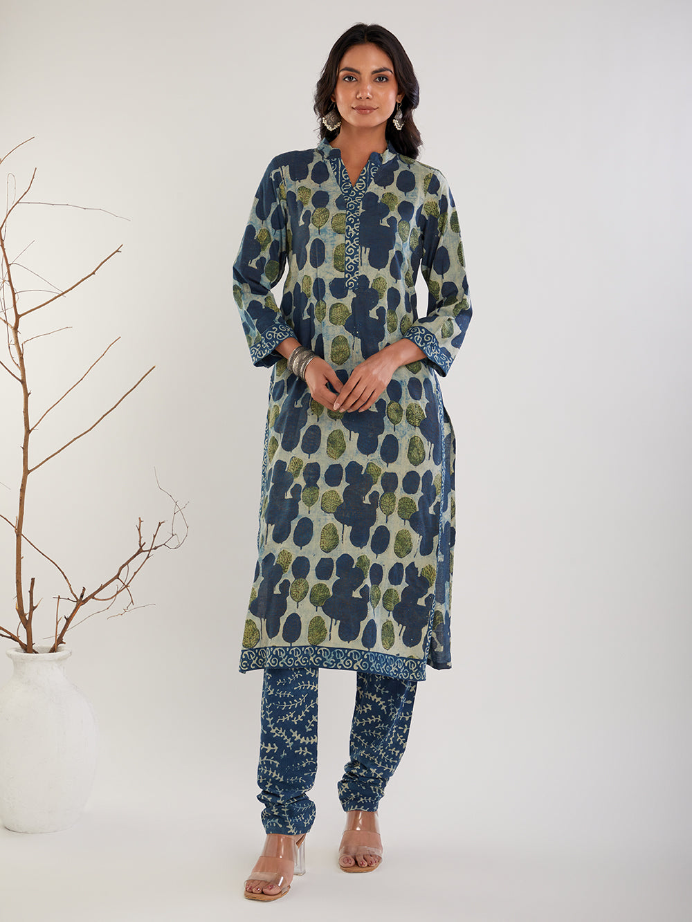 Blue & Green Vanaspati Hand Block Print Suit- Set of 3