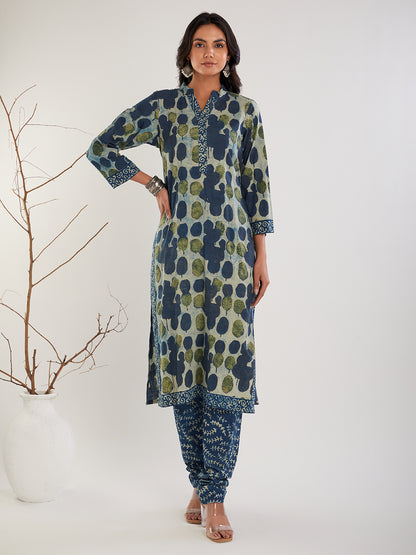 Blue & White Vanaspati Hand Block print cotton Churidar