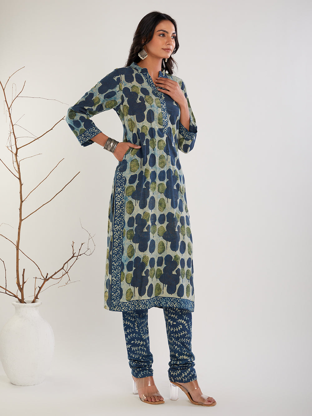 Blue & Green Vanaspati Hand Block Print Suit- Set of 3