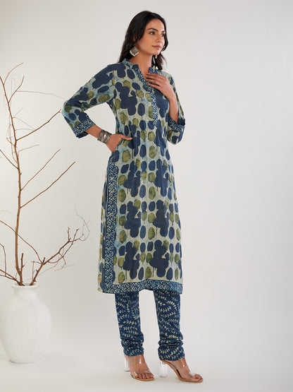 Blue & Green Vanaspati Hand Block Print Suit- Set of 3