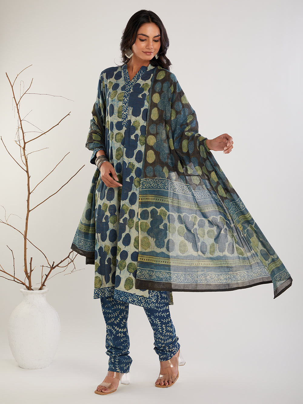 Blue & Green Vanaspati Hand Block Print Suit- Set of 3