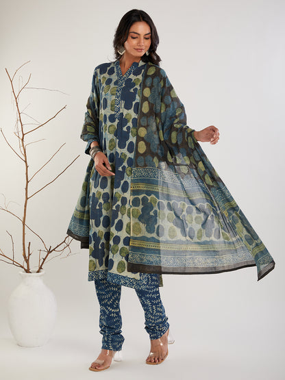 Blue & Green Vanaspati Hand Block Print Suit- Set of 3