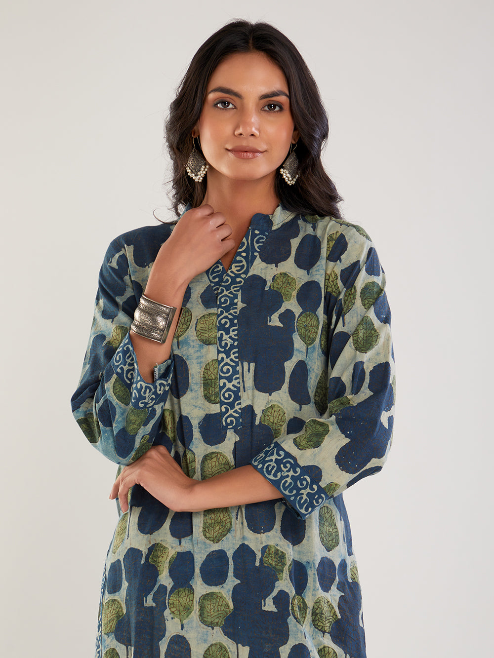 Blue & Green Vanaspati Hand Block Print Suit- Set of 3